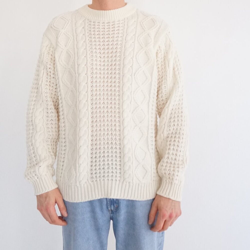 Vintage Cream Cable Knit Textured Aran Fisherman Sweater Cotton Blend XL